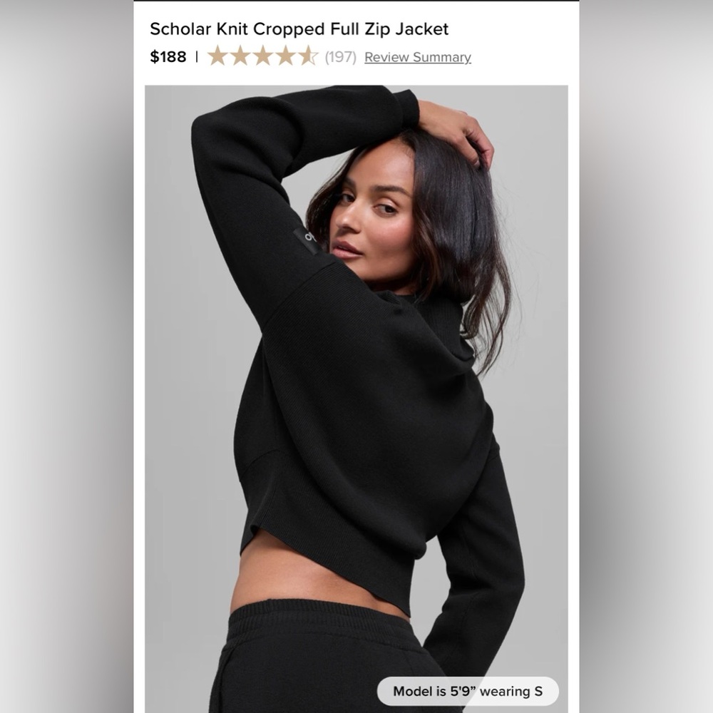 ALO Cropped Full-Zip Knit Jacket in Black - Size Medium - Picture 2 of 5